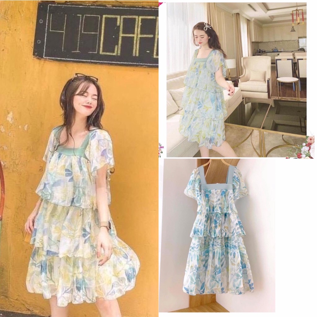 Váy voan tơ hoa xanh nhiều tầng, váy maxi xanh đi biển