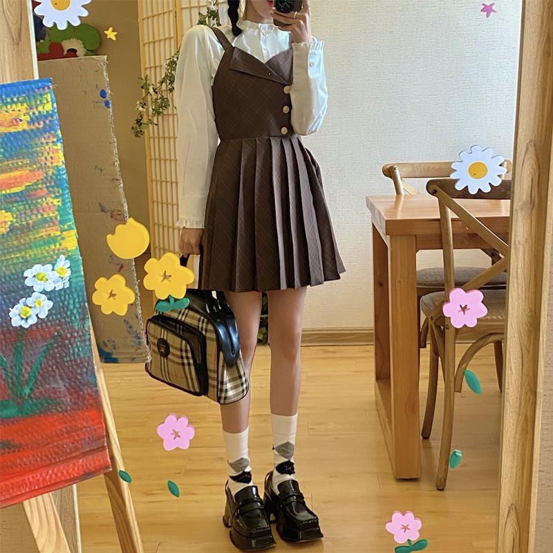 Bộ Áo Sơ Mi + Đầm Hai Dây Xếp Ly Kẻ Sọc Kiểu Pháp Thời Trang Xuân Thu Mới Cho Nữ 2021