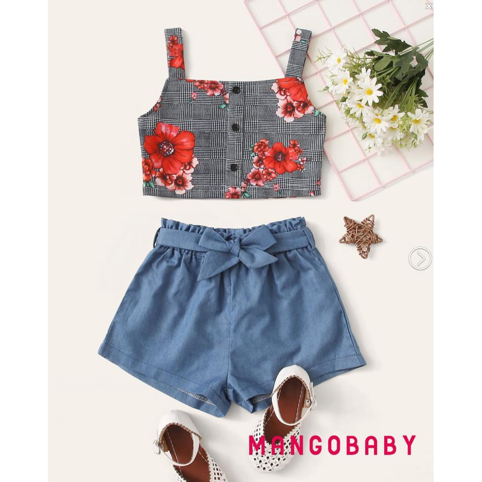 Set Áo Sơ Mi Tay Dài Thêu Hoa Hồng + Quần Short Ống Rộng Thời Trang Cho Bé Gái