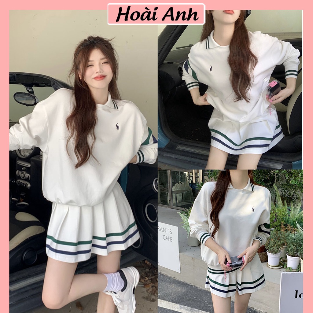 Set Bộ Nỉ Nữa Áo Nỉ Polo Nữ Hình Thêu Ngựa Mix Chân Váy Tenis Có Quần Lót Trong Freesize