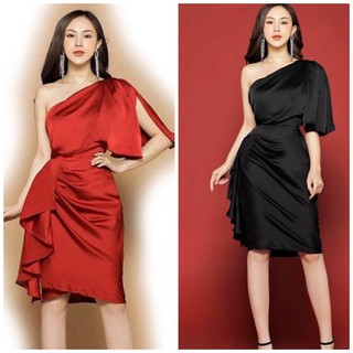 Đầm lụa dự tiệc lệch vai dún eo cao cấp *hình shop chụp