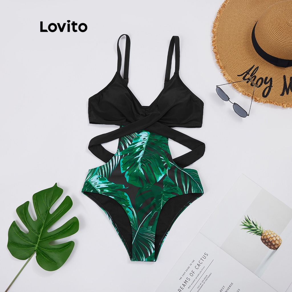 Bikini một mảnh LOVITO phong cách boho thắt dây chéo họa tiết thực vật nhiệt đới L18X375 (Màu xanh lá cây)