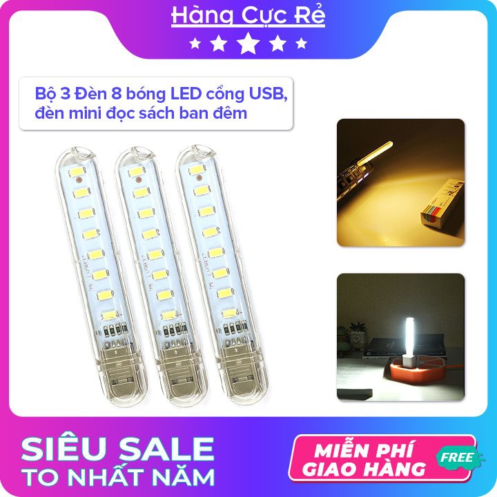 Bộ 3 Đèn LED 8 bóng cổng USB 🔵Freeship🔵 Đèn trang trí, đèn đêm đọc sách siêu sáng - Shop Hàng Cực Rẻ