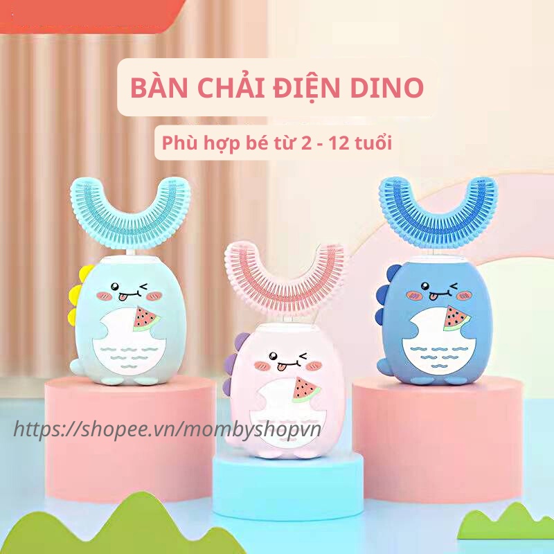 Bàn chải điện cho bé DINO, bàn chải đánh răng điện chữ U silicon cao cấp siêu mềm, phù hợp cho trẻ từ 2 tuổi