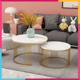 Bàn trà đôi tròn mặt đá chân sắt, bàn sofa uống nước phòng khách chất liệu đá vân cẩm thạch