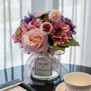 Chậu cây hoa giả Mini bình thuỷ tinh trong suốt 20x20cm - Hoa thược dược tím