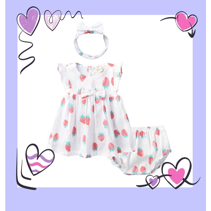 Set Đồ 3 Món Gồm Đầm Công Chúa Không Tay In Hoa + Băng Đô + Quần Thời Trang Mùa Hè Cho Bé Gái