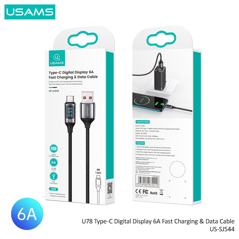Dây Cáp Sạc Nhanh USAMS 1.2M 6A 100W PD Có Màn Hình LED Kỹ Thuật Số USB Type C