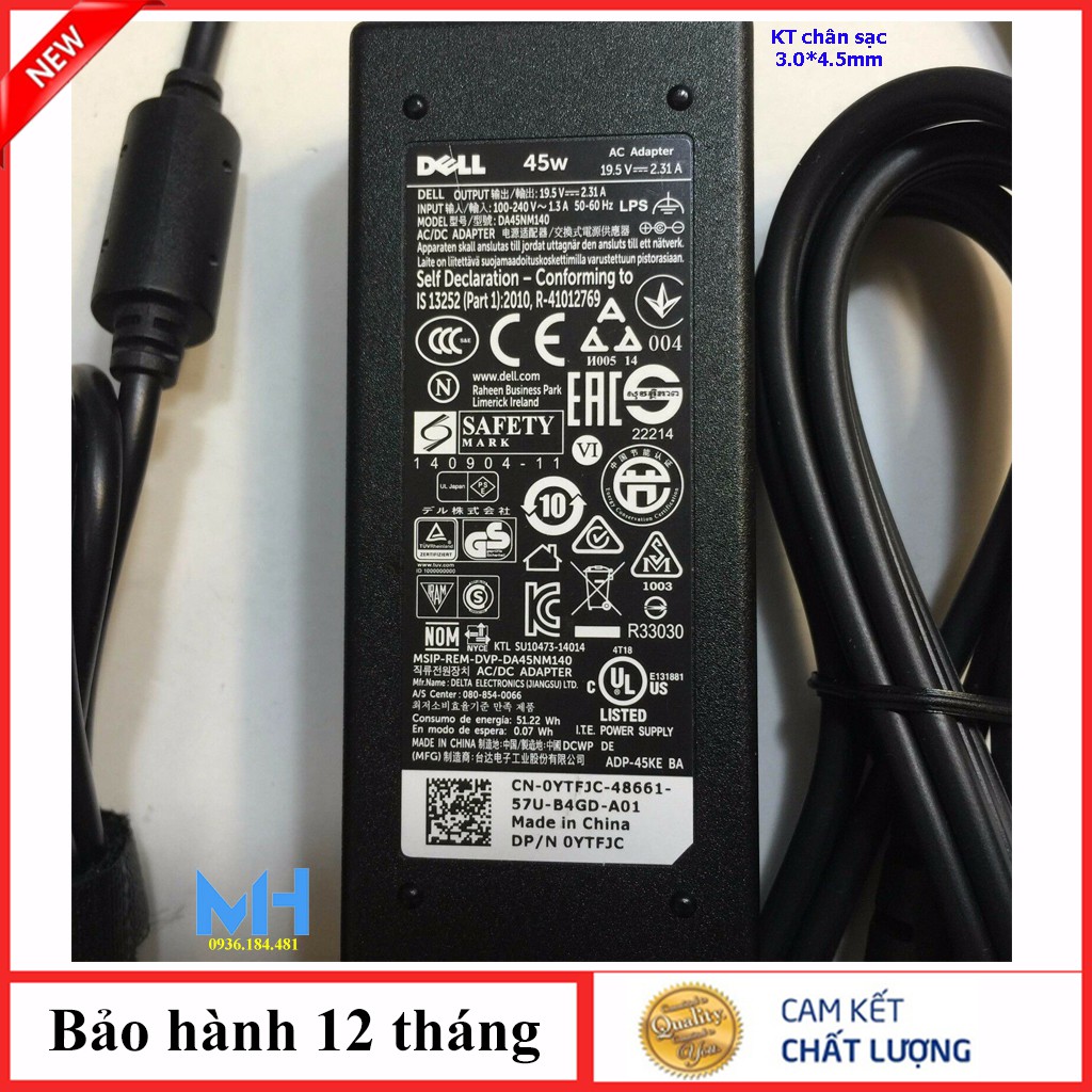 Sạc laptop Dell 19.5v-2,31a chân nhỏ zin, Sạc Dell 45w chân nhỏ ZIN có logo Dell in chìm trên thân sạc