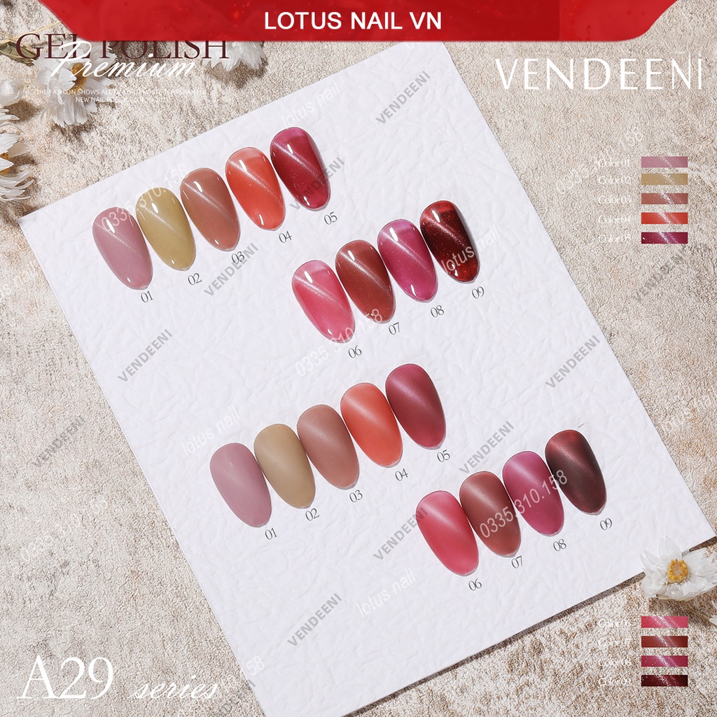 Set sơn gel mắt mèo 9 màu cao cấp Vendeeni mã A29 tặng kèm bảng màu