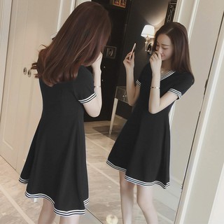 Đầm dạo phố mới tay ngắn cổ chữ V thắt eo nữ mùa hè dáng chữ A thon