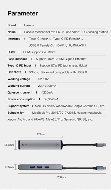 Hub chuyển Baseus Mechanical Eye 6 in 1 Smart Hub (Type C to 3x USB 3.0, HDMI 4K, LAN RJ-45, Type C PD)