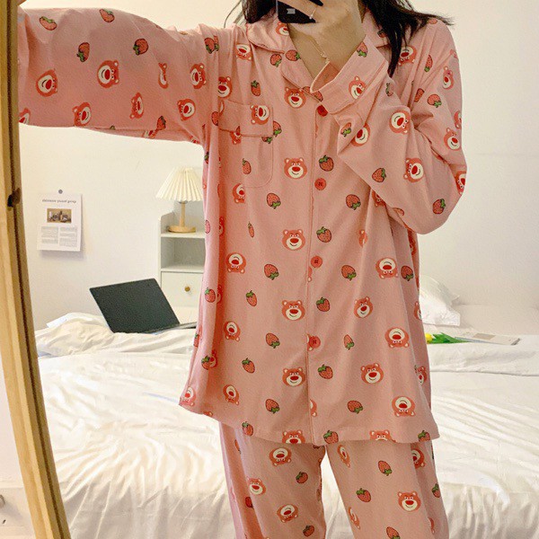 Bộ ngủ pijama dài tay thu đông mặt gấu siêu xinh