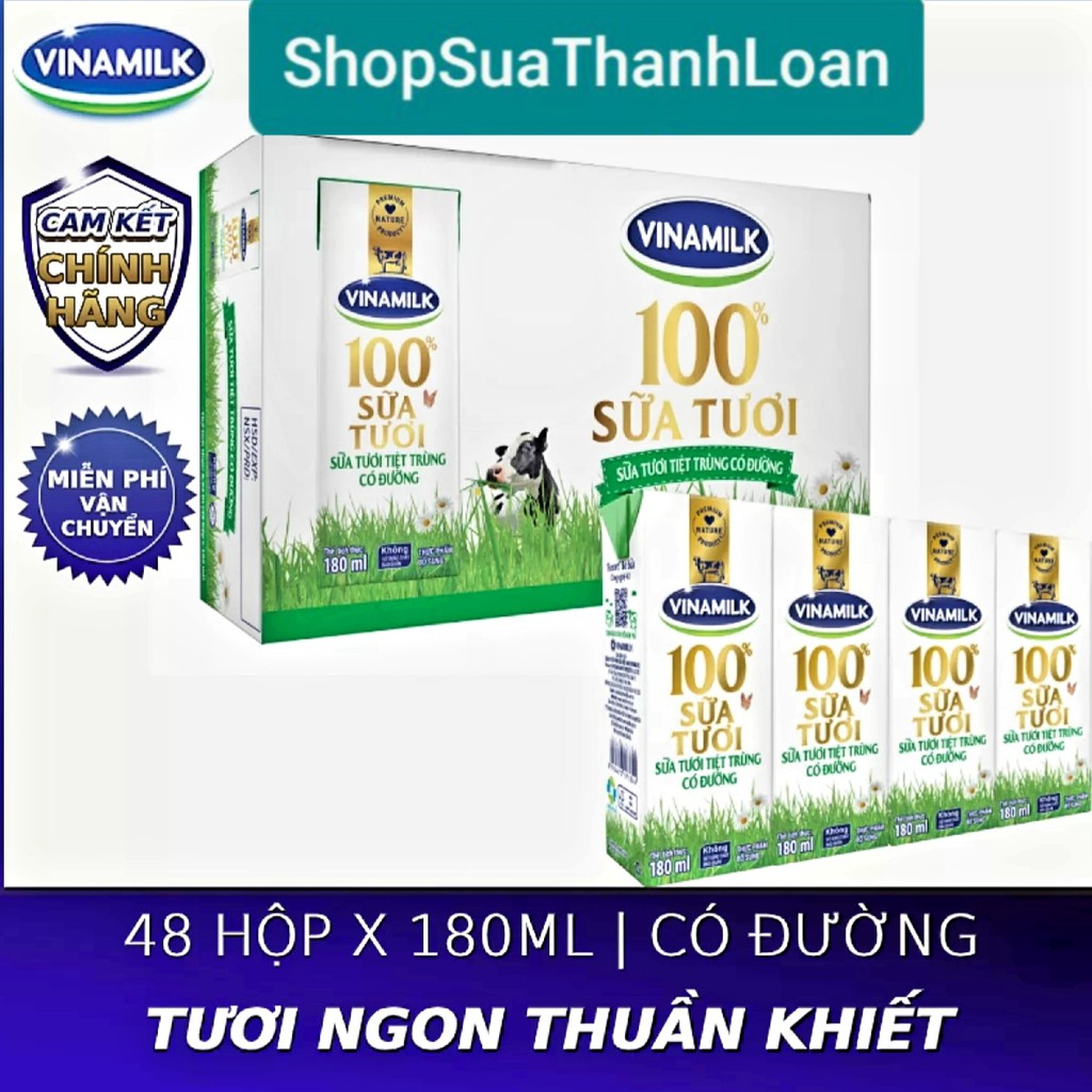 [HSD T11-2021] THÙNG 48 HỘP SỮA TƯƠI TIỆT TRÙNG VINAMILK 100% CÓ ĐƯỜNG 180ML