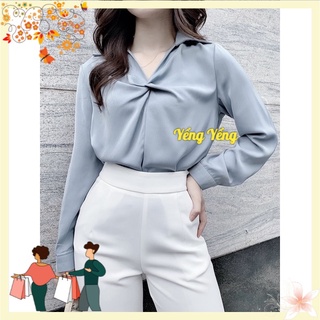Anu440 - áo sơ mi lụa cổ bẻ xoắn dài tay