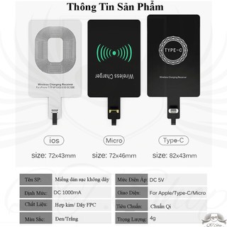 Miếng Dán Hỗ Trợ Sạc ko dây Chuẩn Qi Đầu Android/Type-C/ip