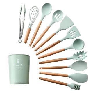NA| Silicone Kitchen Cooking Utensils Natural Wood Handle Cooking Tools Turner Tongs Spatula Spoon with Organizer - Blue