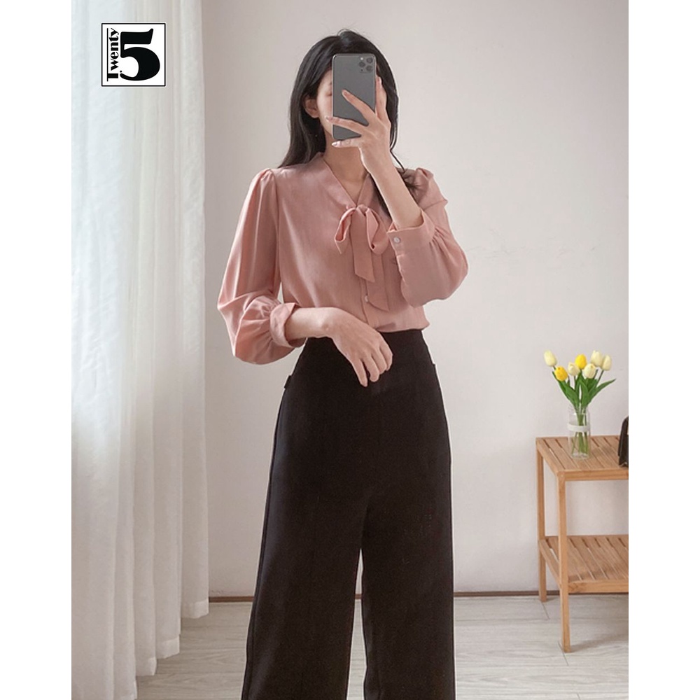 Áo sơ mi công sở nữ cổ thắt nơ tay bồng nhún Twentyfive N1040