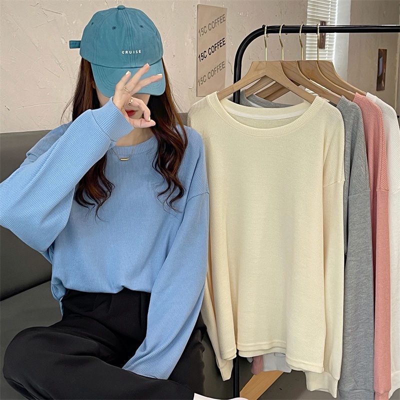 Áo Thun Nữ Tay Dài Cổ Tròn Dáng Rộng Thời Trang Phong Cách Hàn Quốc