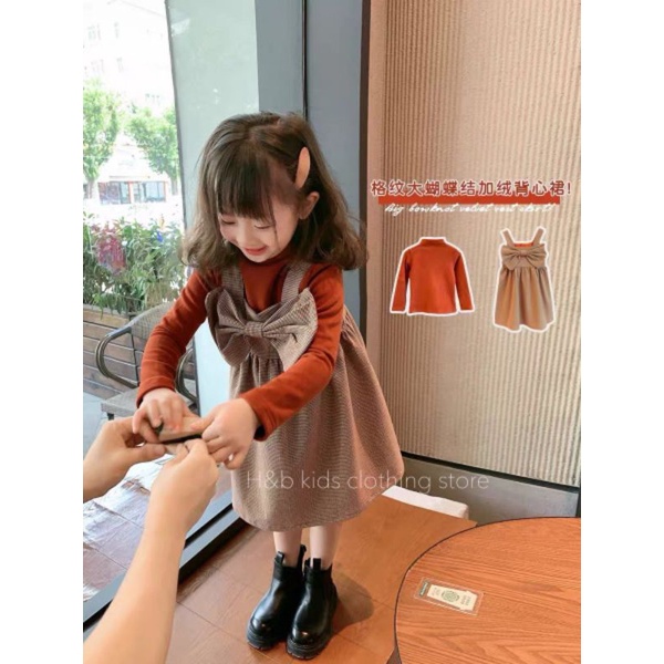 [Xả hàng] Sét yếm kẻ Hàn Quốc cho bé gái, sét váy yếm thu đông giáng sinh áo dài tay thu đông cho bé gái