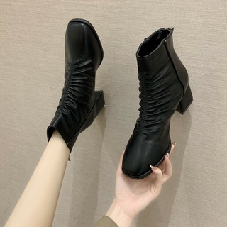 Boots nhăn 5 phân da mềm cổ cao mũi vuông ulzzang khóa sau | Bốt nữ cao cổ da nhún siêu mềm đế vuông gót 5 phân cao cấp
