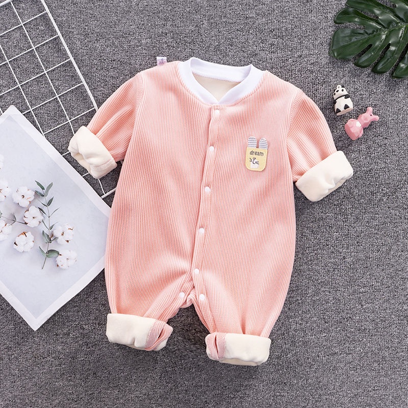 Bộ Áo Liền Quần Phối Lông Dễ Thương Thời Trang Thu Đông Cho Bé Sơ Sinh