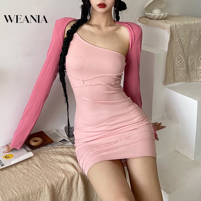 Set Đầm Trễ Vai Phối Bèo + Áo Tay Dài 2 Mảnh Phong Cách Hàn Quốc