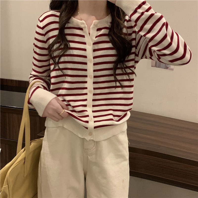 Áo khoác cardigan ZHELIHANGFEI dệt kim dài tay kẻ sọc ngang thời trang Hàn Quốc 6 màu lựa chọn cho nữ