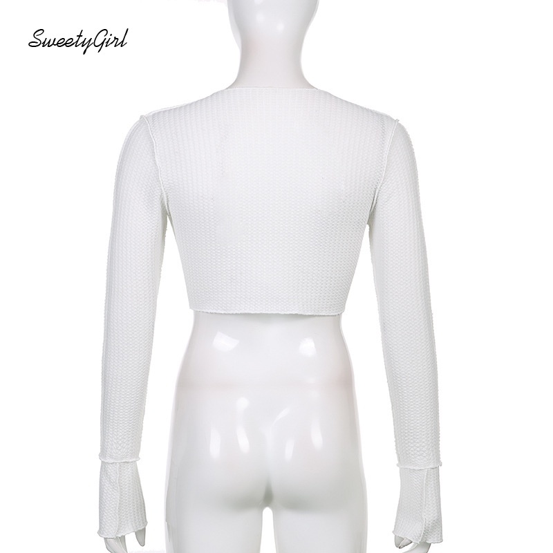 Áo Croptop Tay Dài Cổ Chữ V Thêu Chữ Thời Trang Dành Cho Nữ