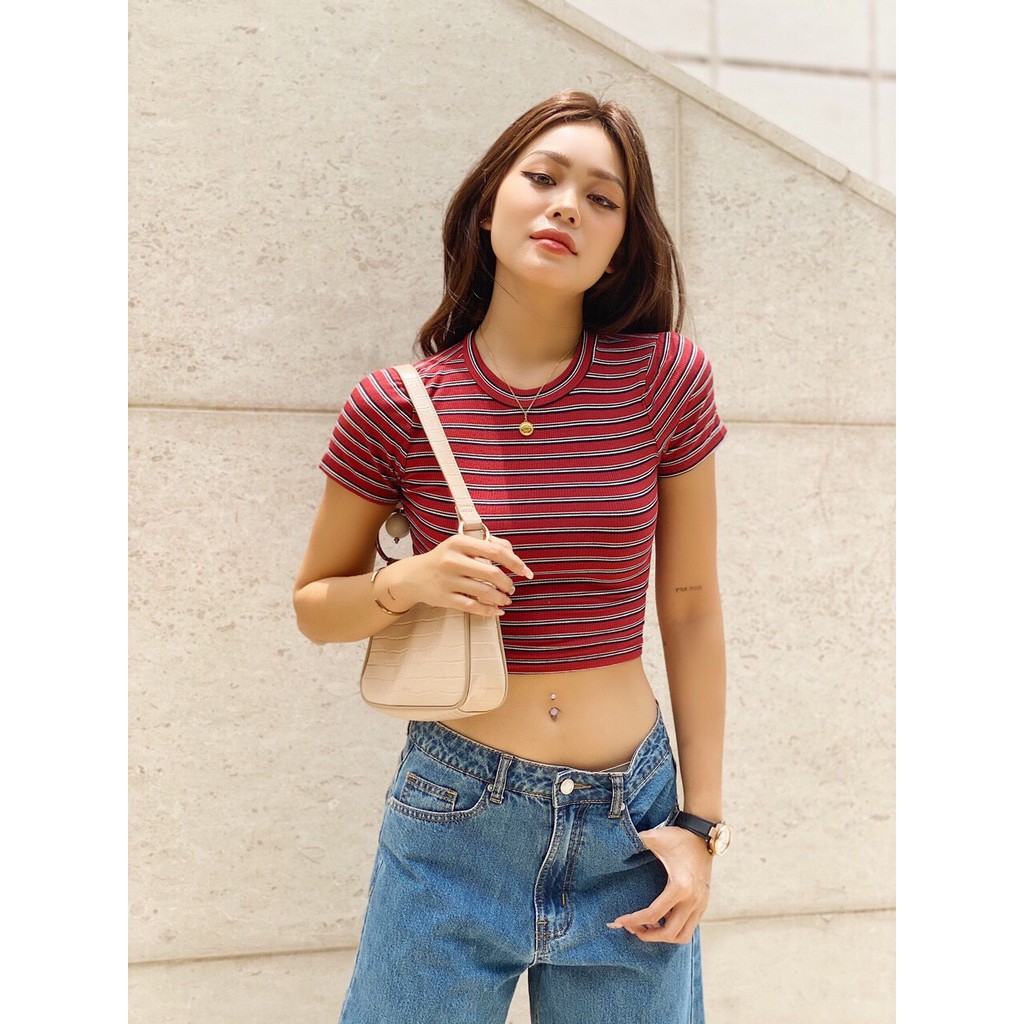 Áo croptop nữ ôm 🎁FREESHIP🎁 Croptop ôm tay ngắn thun gân sọc ngang 6 màu cực đẹp | BigBuy360 - bigbuy360.vn