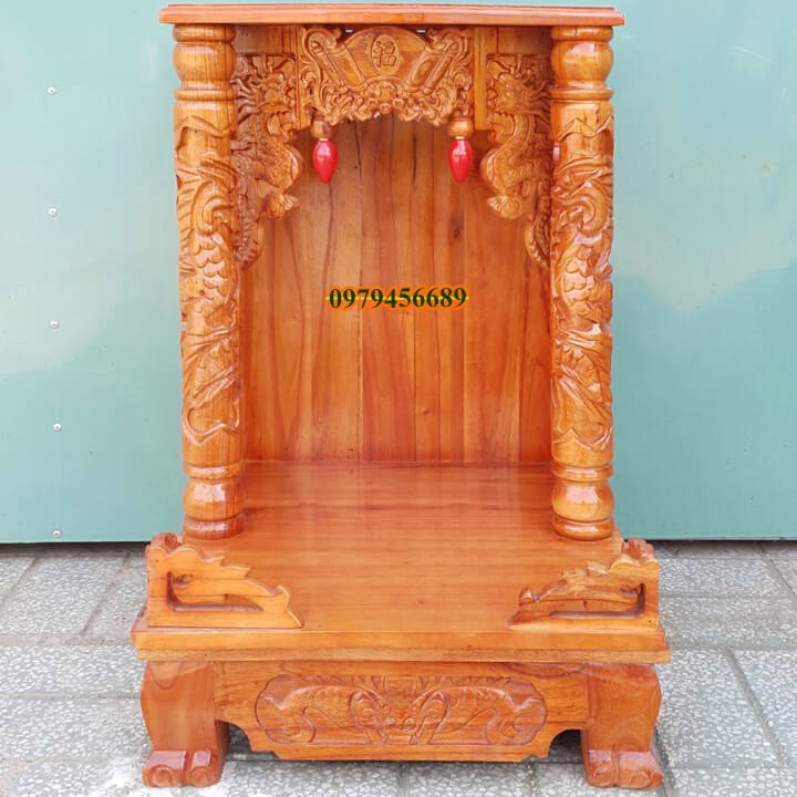 Bàn thờ thần tài ông địa gỗ xoan ngang 42cm quỳ trụ