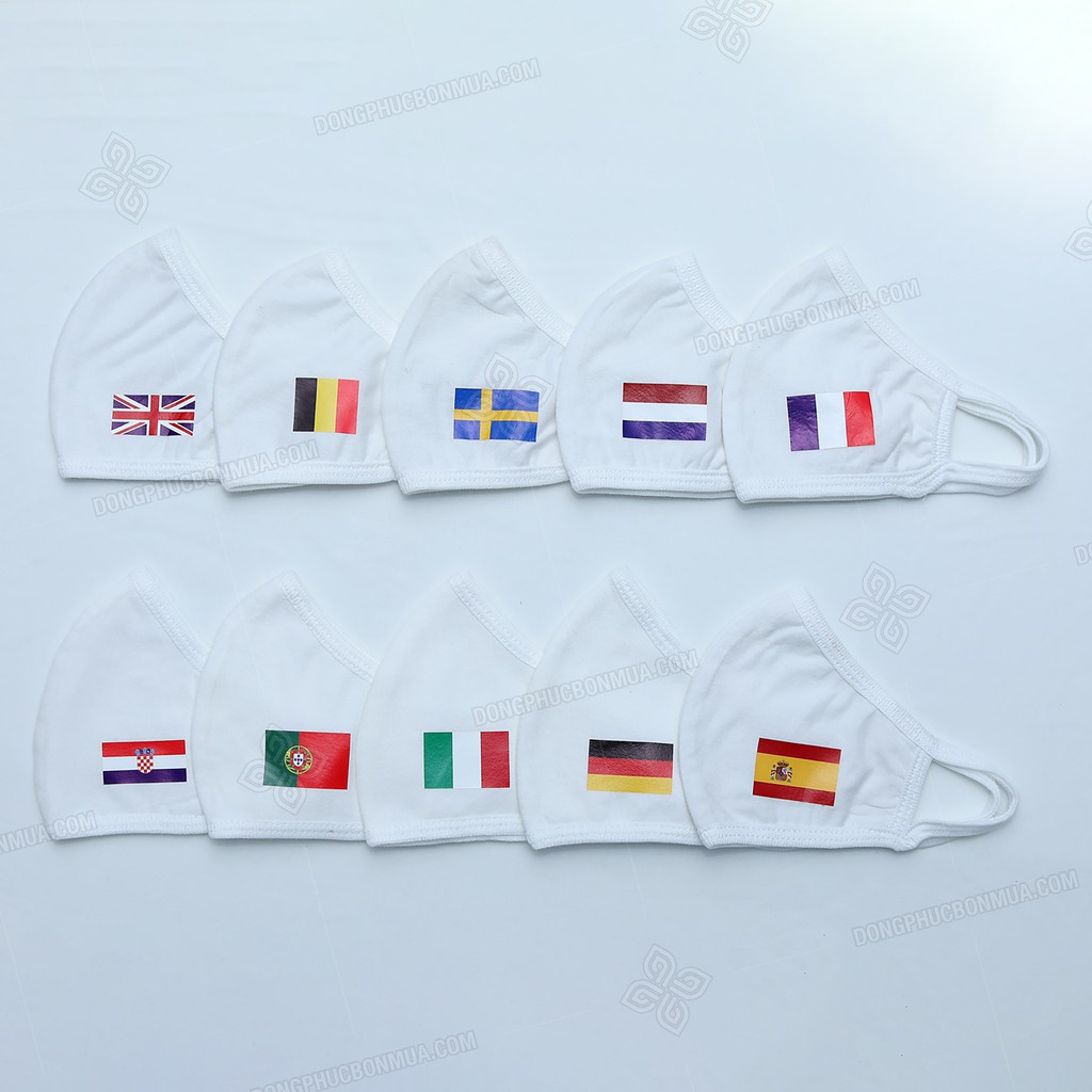 Combo 10 Khẩu Trang Vải Màu Trắng Kháng Khuẩn In Cờ Các Quốc Gia Tham Dự EURO Co Giãn, Bảo Vệ Sức Khỏe Toàn Diện