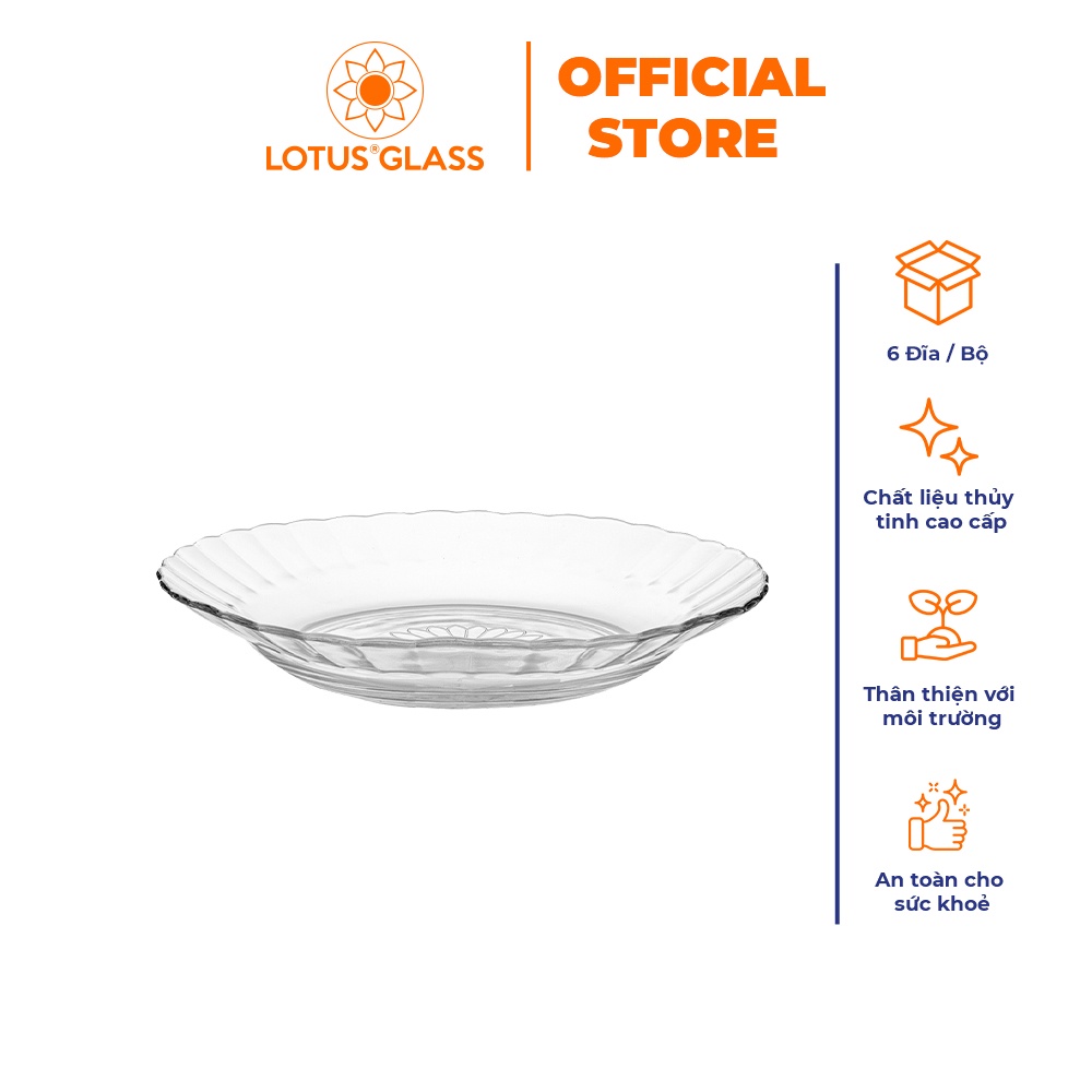 Bộ 6 đĩa thủy tinh LOTUS GLASS VTC27x trong suốt cao cấp, an toàn, dùng để đựng đồ ăn, hoa quả, trái cây