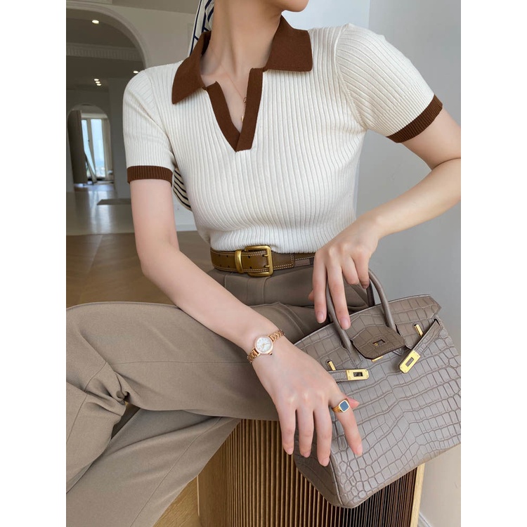 Áo Thun Polo Dệt Kim Tay Ngắn Màu Sắc Tương Phản Thời Trang Mùa Hè Cho Nữ