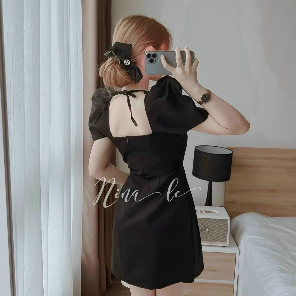 Đầm ngắn chữ A kiểu cổ vuông dây tay ngắn bồng