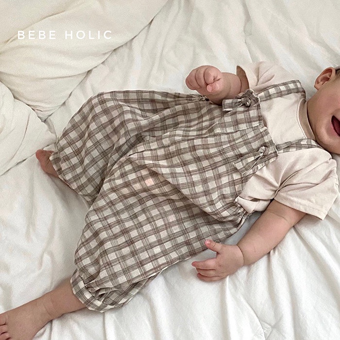 Set Áo Thun Sát Nách Và Quần Yếm Họa Tiết Sọc Caro Dễ Thương Phong Cách Hàn Quốc Cho Bé Gái