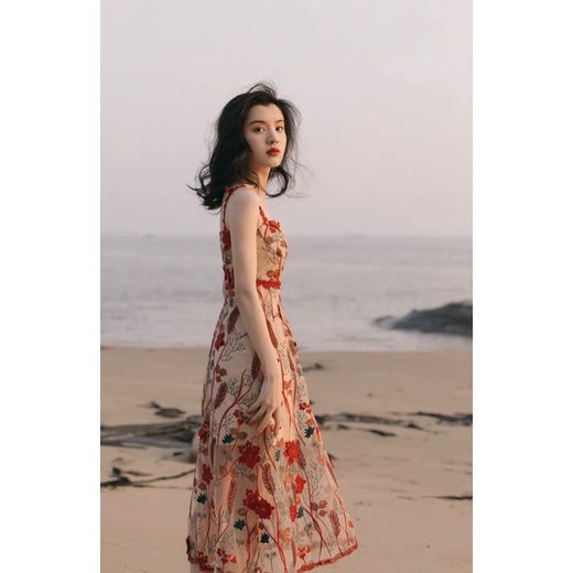 #1191  Đầm hai dây màu đỏ chất ren sexy đủ size