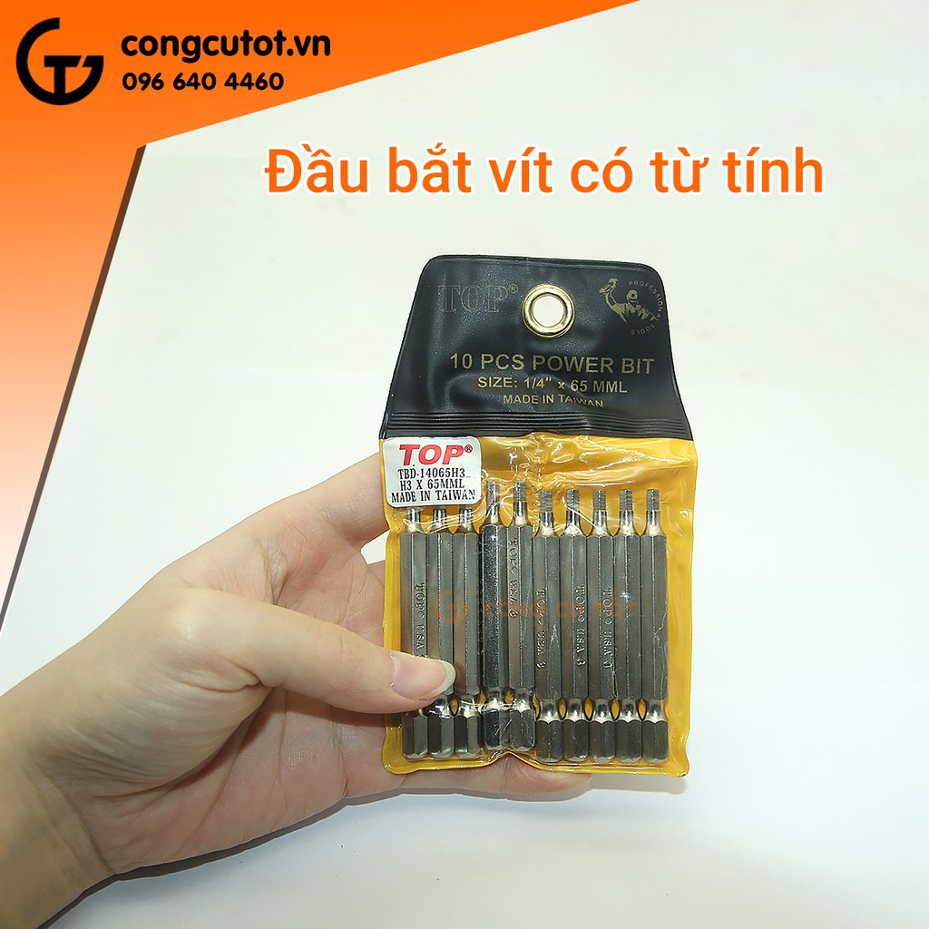 Vỉ 10 đầu bắt vít lục giác đực dài 65mm TOP 3-4mm