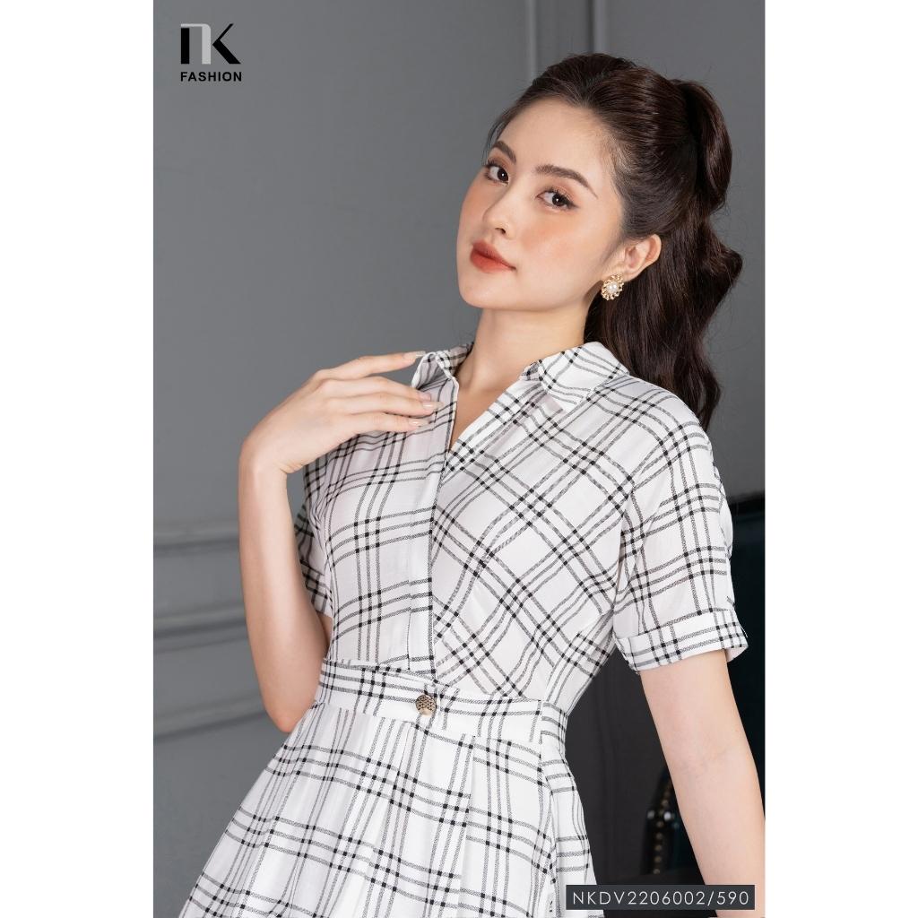 Đầm Nữ Xếp Ly Kẻ Caro NK Fashion Cổ Sơ Mi Tay Cánh Dơi, Chất Liệu Nhập Hàn Cao Cấp Mềm Mịn NKDV2206002