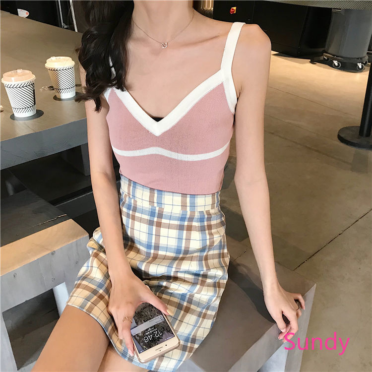 Áo Hai Dây Dệt Kim Cổ Chữ V Thời Trang Mùa Hè Cho Nữ