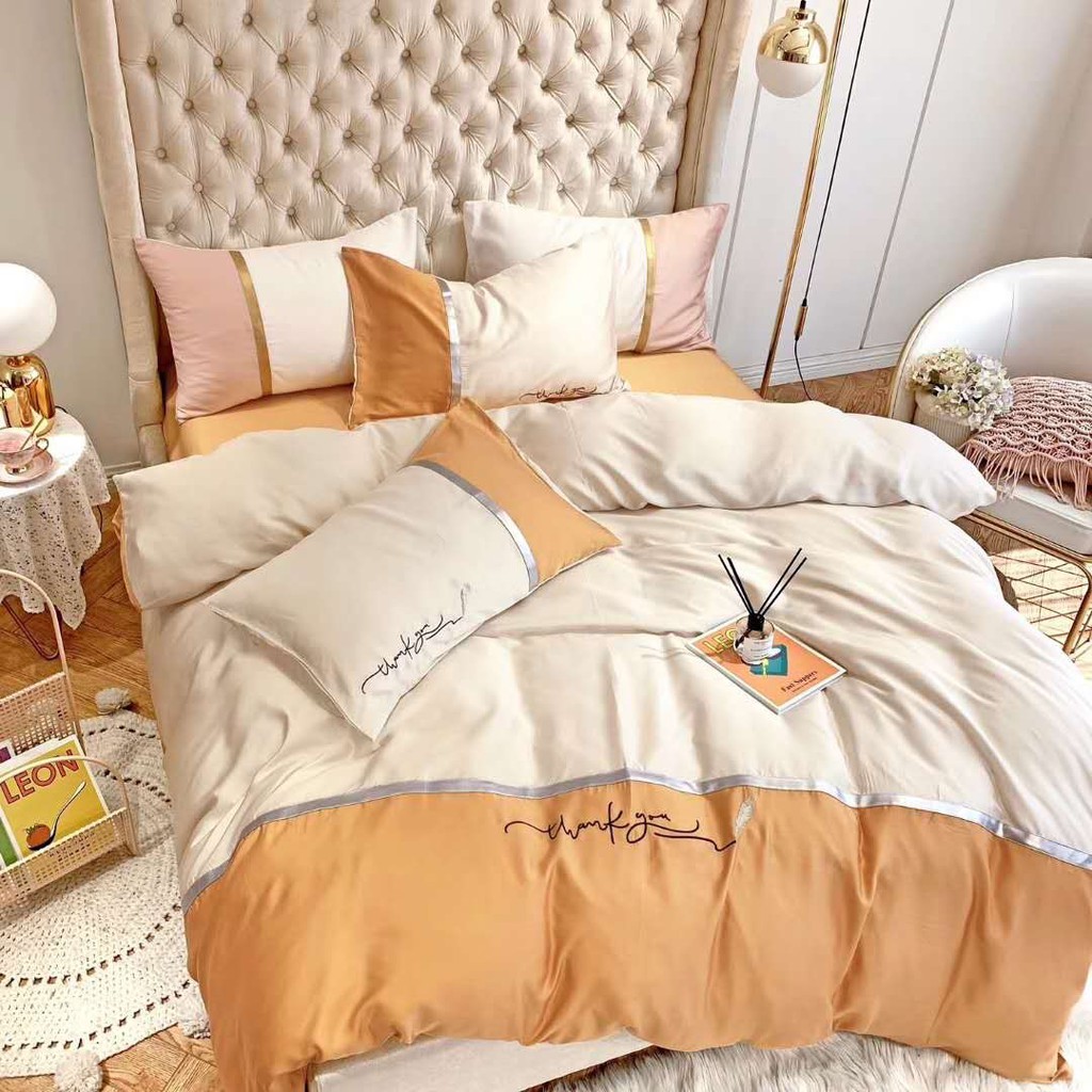 Chăn ga gối tencel hàng loại đẹp - Mẫu Trắng Cam