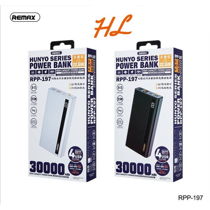 Pin Sạc Dự Phòng Remax RPP-197 30000mAh (QC3.0, VOOC 2.0, PD 18W, 3 Inputs 5 Outputs) - Hưng Long PC