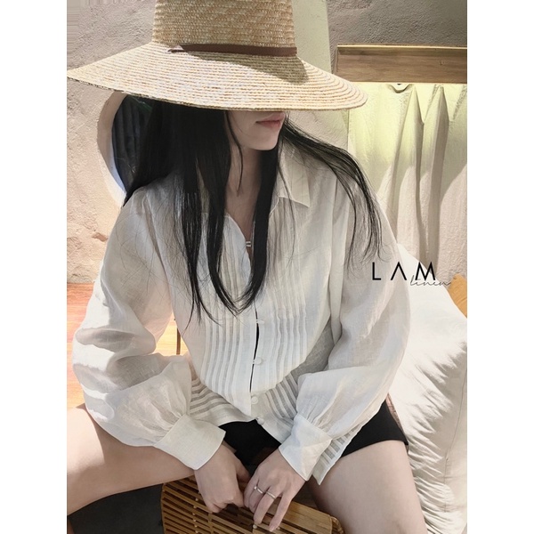 Áo sơ mi tay phồng nút bọc, form rộng, chất liệu Linen premium