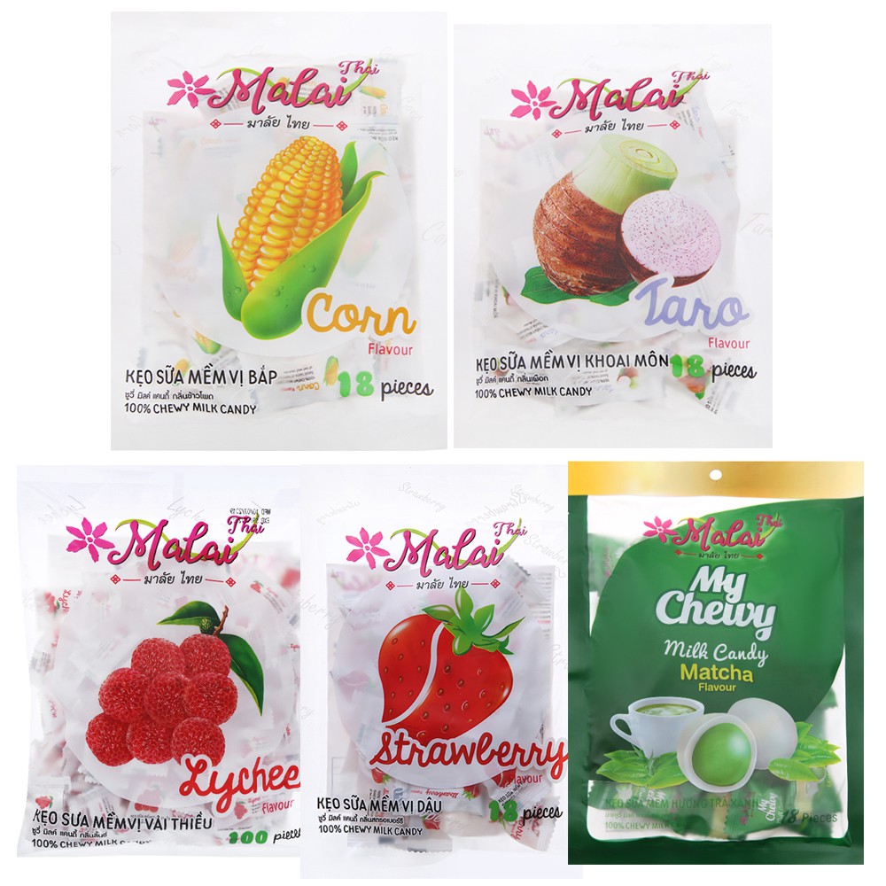 Combo mix 5 vị kẹo sữa mềm hương dâu, vải, trà xanh, khoai môn, bắp Malai Thai gói 67g - Đồ ăn vặt Thái bán chạy