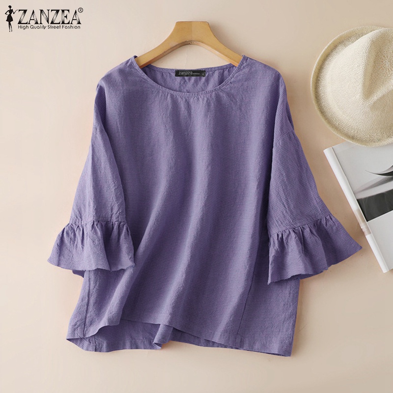 Áo kiểu Zanzea cổ tròn tay bèo 3/4 họa tiết caro thời trang cho nữ