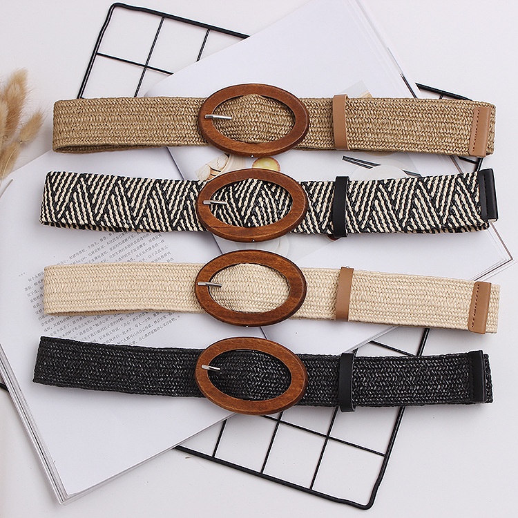 Thắt Lưng Bện Dây Co Giãn Phối Khóa Gỗ Phong Cách Bohemian Thời Trang Đi Biển Cho Nữ