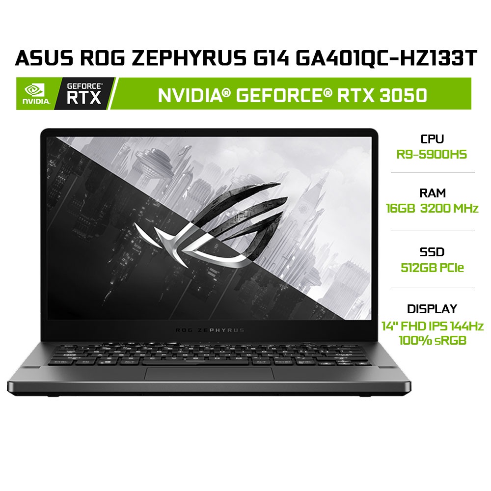 Laptop ASUS ROG Zephyrus G14 GA401QC-HZ133T R9-5900HS | 16GB | 512GB | VGA RTX 3050 4GB | 14' FHD 144Hz | Win 10