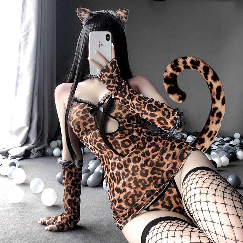 Sexy Lingerie Women Sexy Hollow One-piece Leopard  Wild Cute Cat Girl Cosplay Dress Uniform Temptation Suit