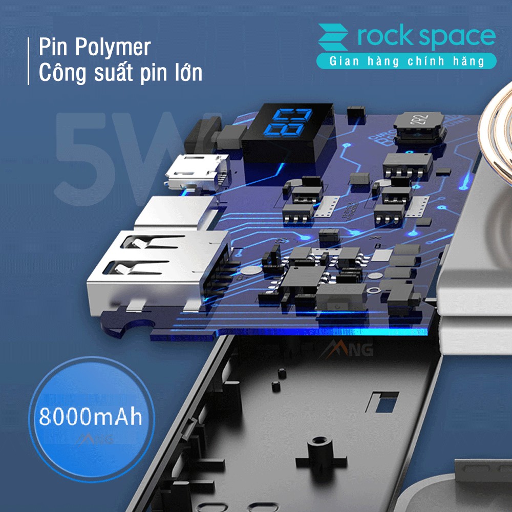 Pin dự phòng kiêm sạc không dây Rock space P39 8000 mAh-  Hàng chính hãng bảo hành 12 tháng lỗi 1 đổi 1