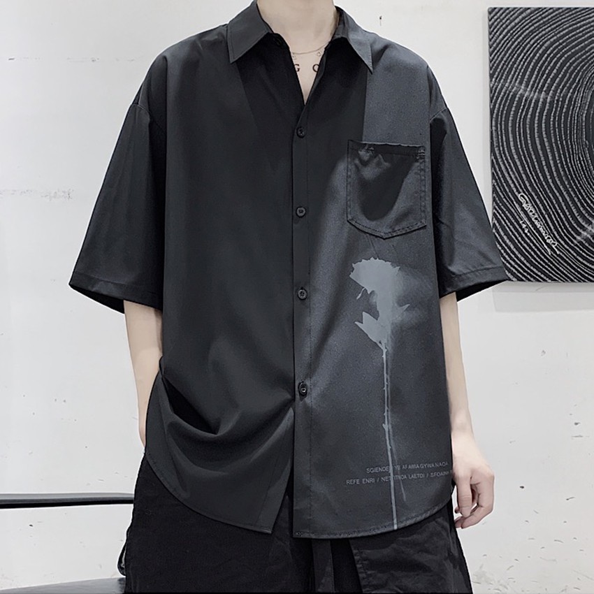 Áo Sơ Mi Nam Hàn Quốc Ngắn Tay In Họa Tiết Bông Hồng Đen Độc Đáo Phối Túi Ngực ZENKODLMEN SOMI NAM 9000041